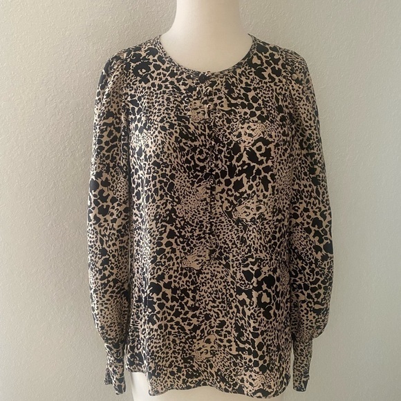Rebecca‎ Taylor Women's Silk Leopard Motif Black and Tan Blouse Size 2 - Picture 1 of 16